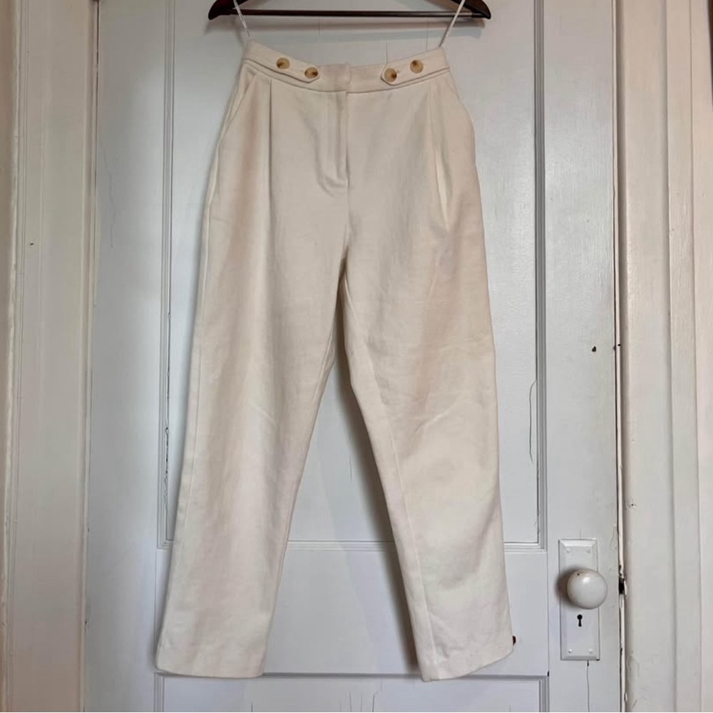 FRNCH Cream Corduroy Straight Leg Pants with Tailored Pleats